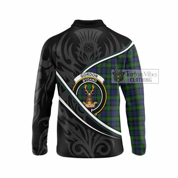 Gordon Tartan Family Crest Long Sleeve Polo Shirt Celtic Scottish Thistle Floral