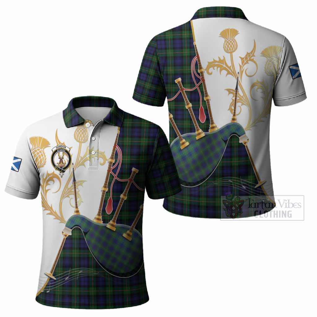 Gordon Tartan Family Crest Polo Shirt Bagpipes with Scottish Thistle