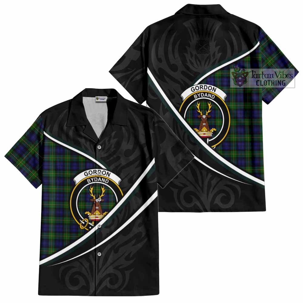 Gordon Tartan Family Crest Short Sleeve Button Shirt Celtic Scottish Thistle Floral - Tartan Vibes Clothing