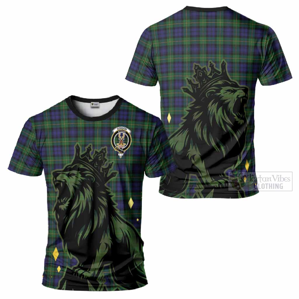 Gordon Tartan Family Crest T-Shirt Crowned Lion Roaring
