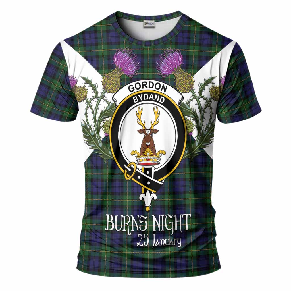 Gordon Tartan Family Crest T-Shirt Scottish Burns Night Thistle Floral
