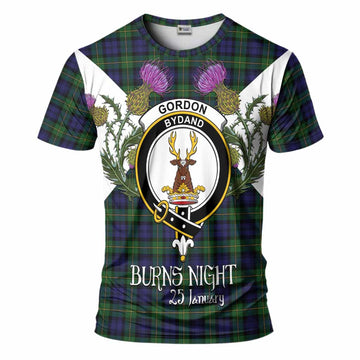 Gordon Tartan Family Crest T-Shirt Scottish Burns Night Thistle Floral