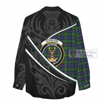 Gordon Tartan Family Crest Women Casual Shirt Celtic Scottish Thistle Floral