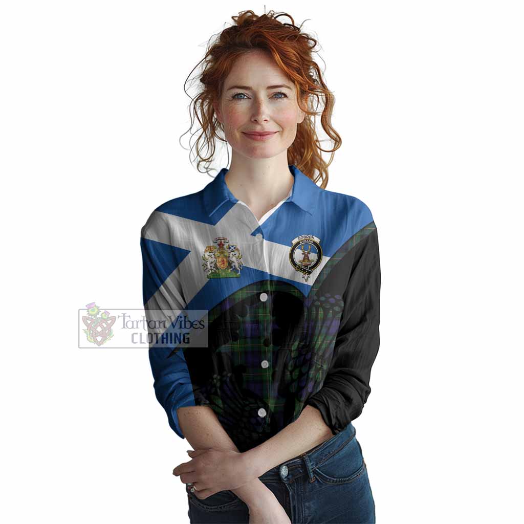 Gordon Tartan Family Crest Women Casual Shirt Scotland Thistle Floral Flag Style