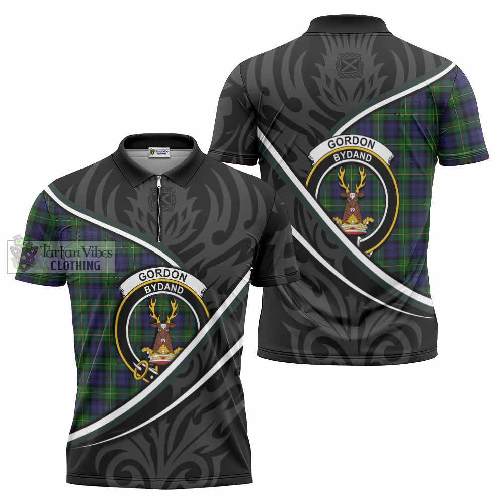 Gordon Tartan Family Crest Zipper Polo Shirt Celtic Scottish Thistle Floral - Tartan Vibes Clothing