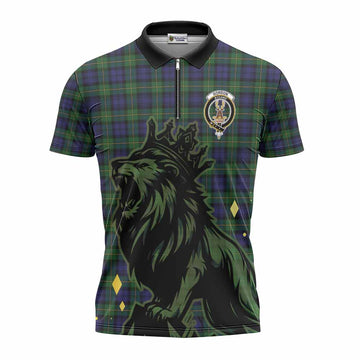 Gordon Tartan Family Crest Zipper Polo Shirt Crowned Lion Roaring