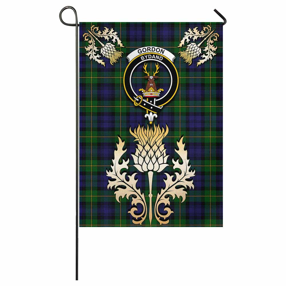 Gordon Tartan Garden Flag with Golden Regal Scottish Thistle Emblem - Tartan Vibes Clothing