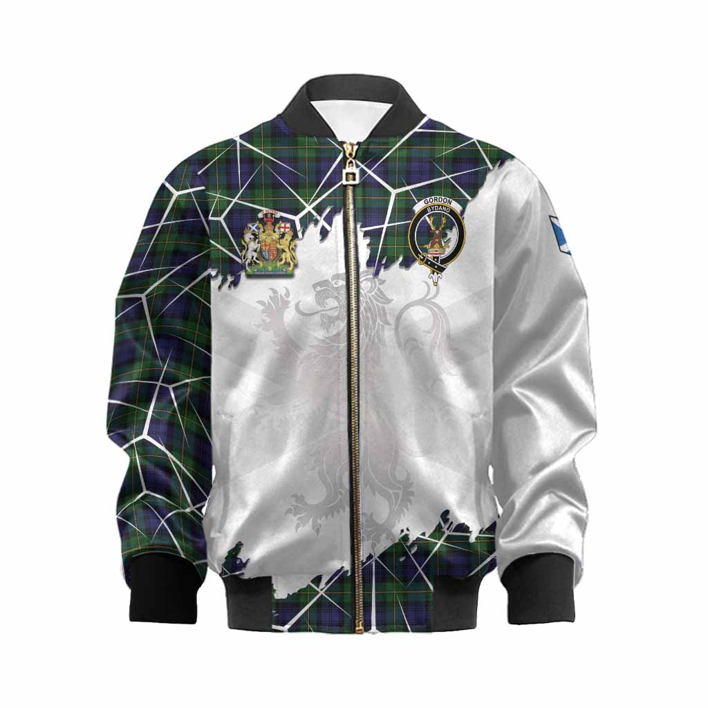 Gordon Tartan Kid Bomber Jacket with Family Crest and Lion Rampant Grunge Style