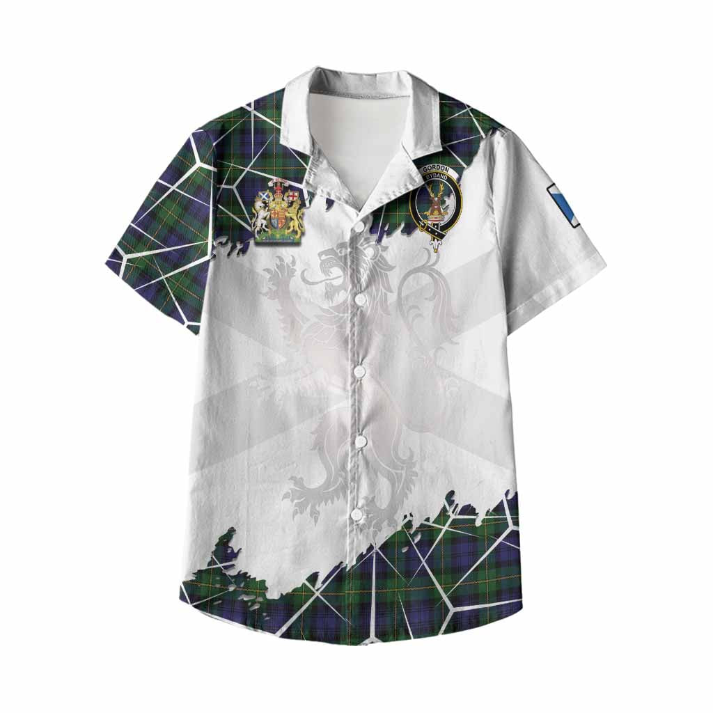 Gordon Tartan Kid Hawaiian Shirt with Family Crest and Lion Rampant Grunge Style