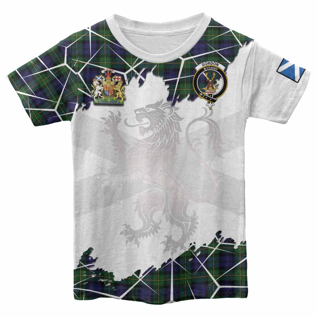 Gordon Tartan Kid T-shirt with Family Crest and Lion Rampant Grunge Style