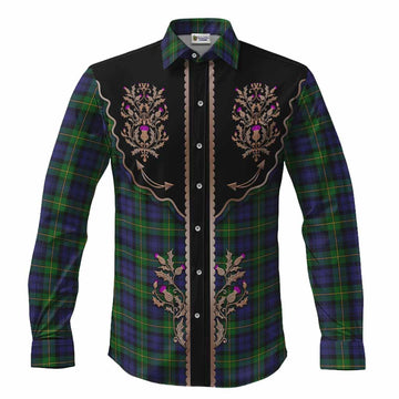 Gordon Tartan Long Sleeve Button Shirts Thistle Ornament Western Yoke