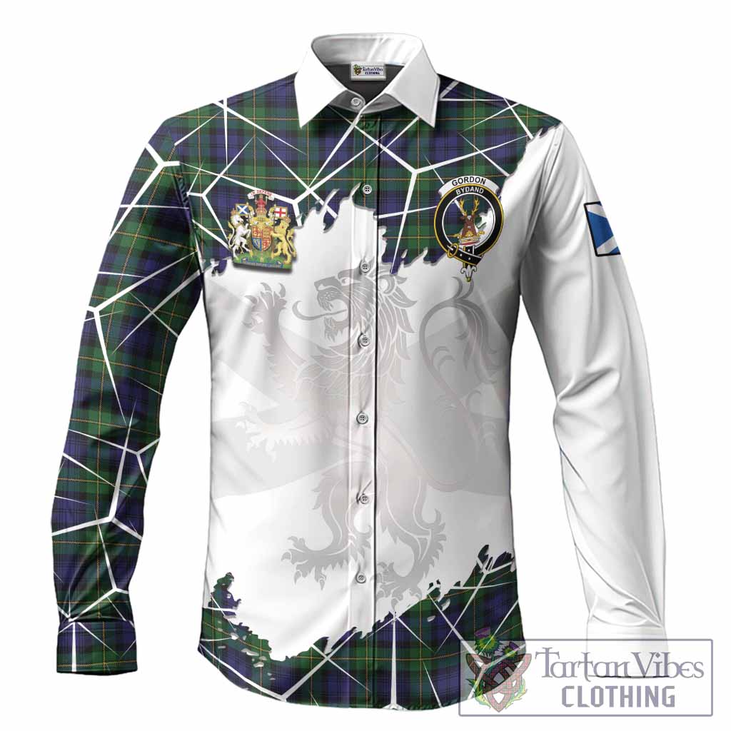 Gordon Tartan Long Sleeve Button Shirts with Family Crest and Lion Rampant Grunge Style