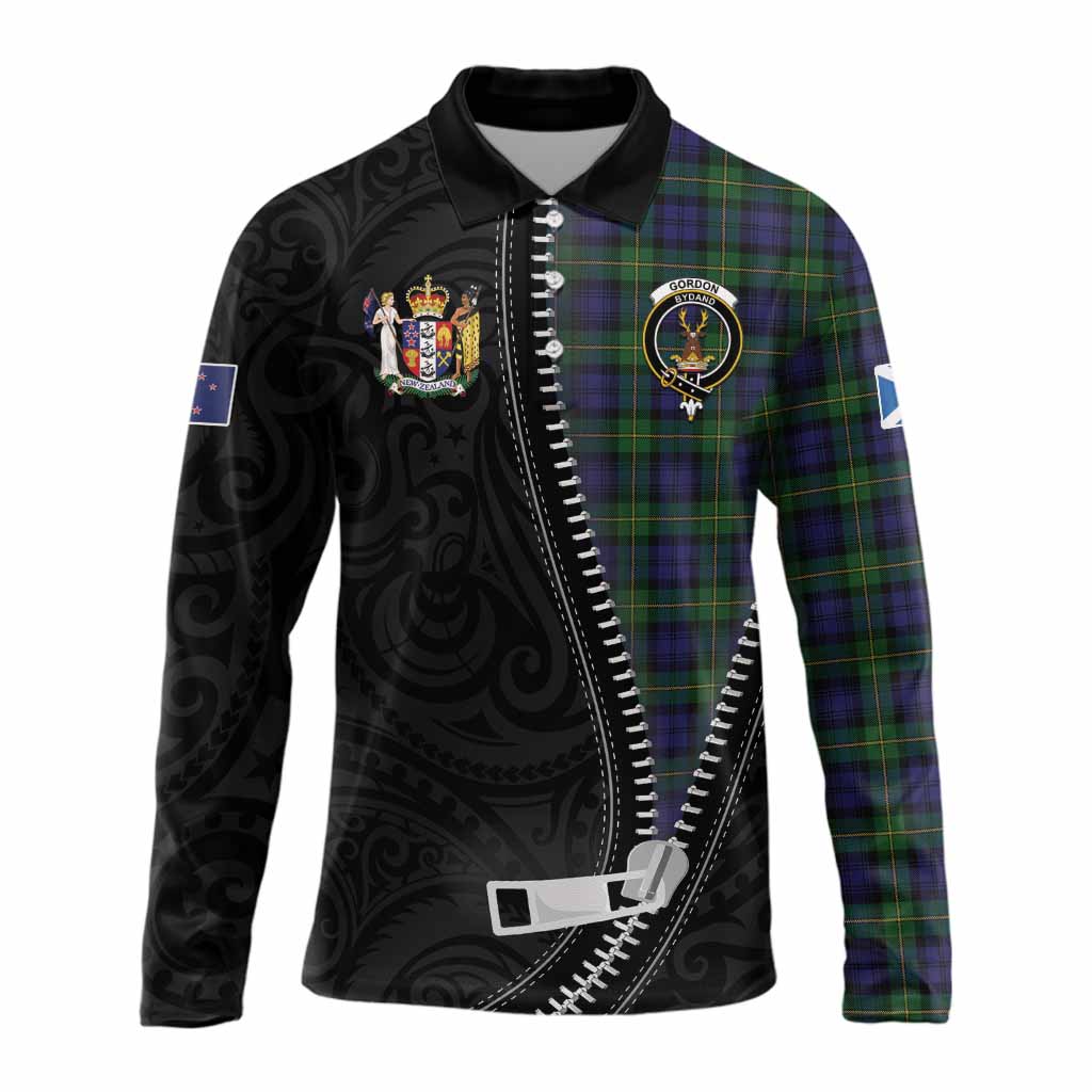 Gordon Tartan Long Sleeve Polo Shirt New Zealand Pattern Unique Zipper Stylized