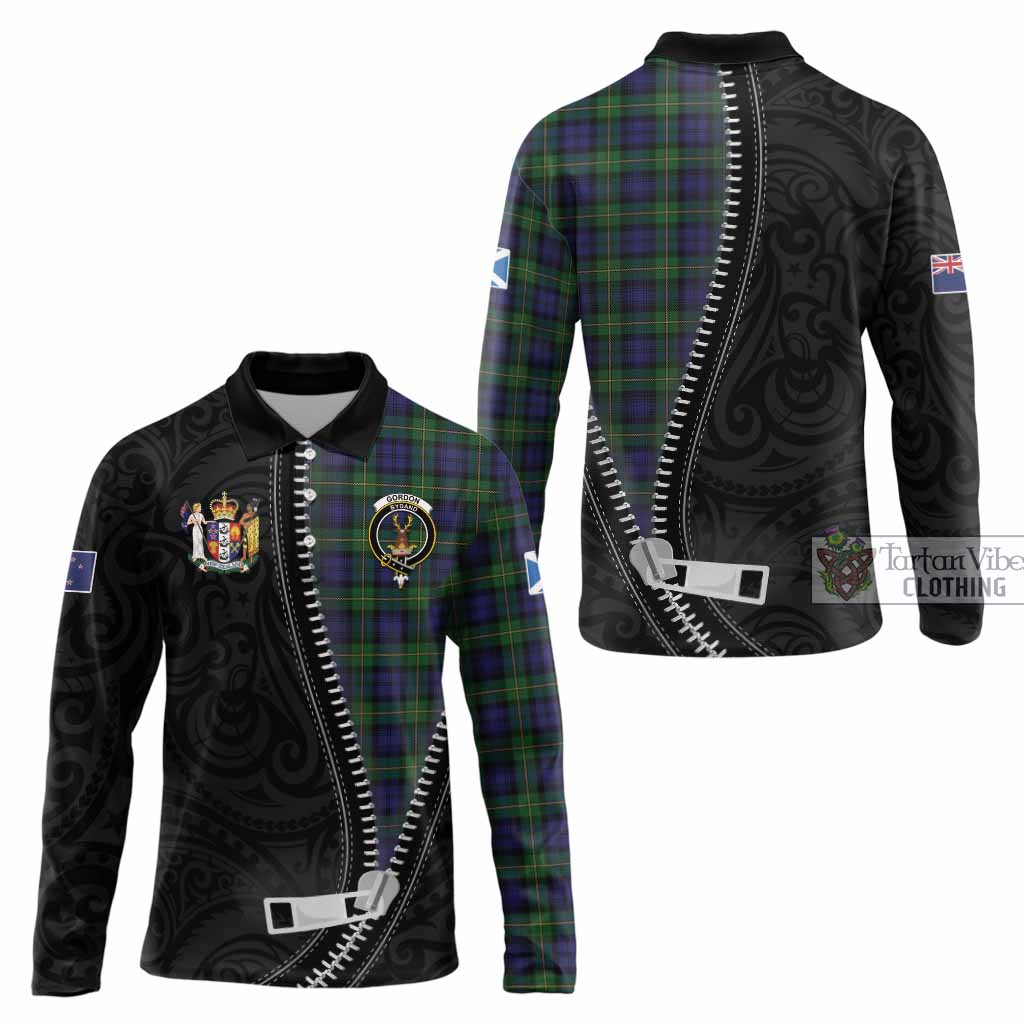 Gordon Tartan Long Sleeve Polo Shirt New Zealand Pattern Unique Zipper Stylized