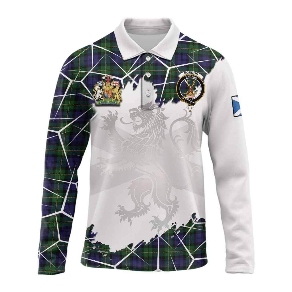 Gordon Tartan Long Sleeve Polo Shirt with Family Crest and Lion Rampant Grunge Style