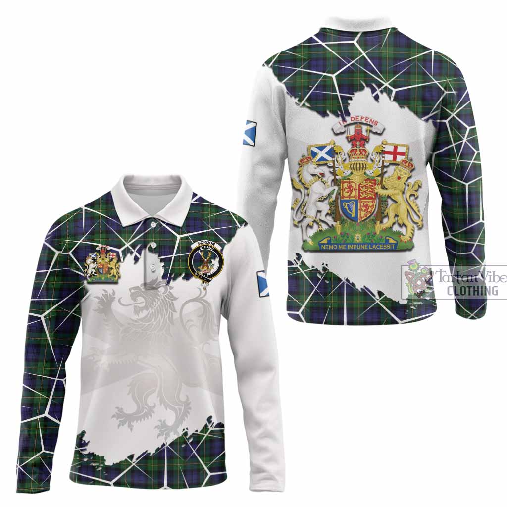 Gordon Tartan Long Sleeve Polo Shirt with Family Crest and Lion Rampant Grunge Style