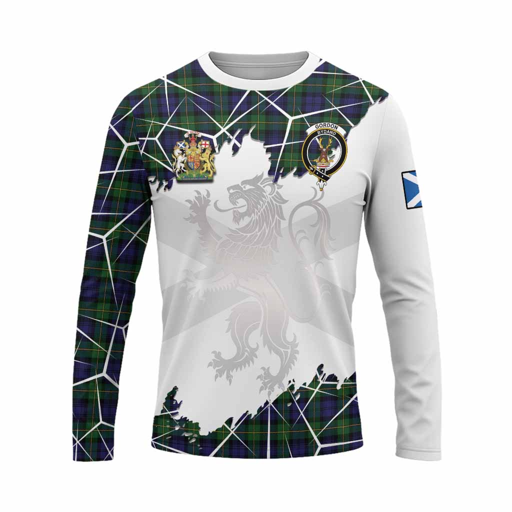 Gordon Tartan Long Sleeve T-Shirt with Family Crest and Lion Rampant Grunge Style