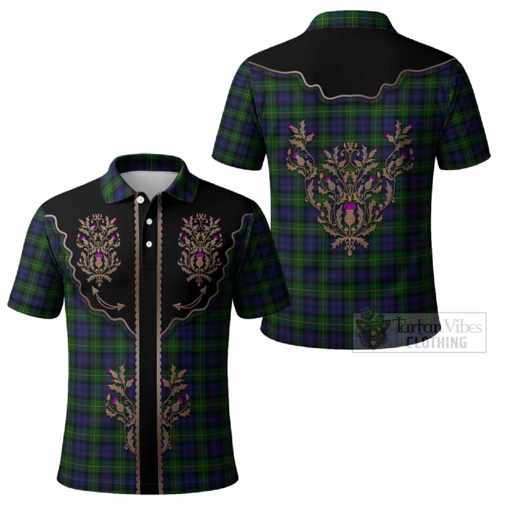Gordon Tartan Polo Shirt Thistle Ornament Western Yoke