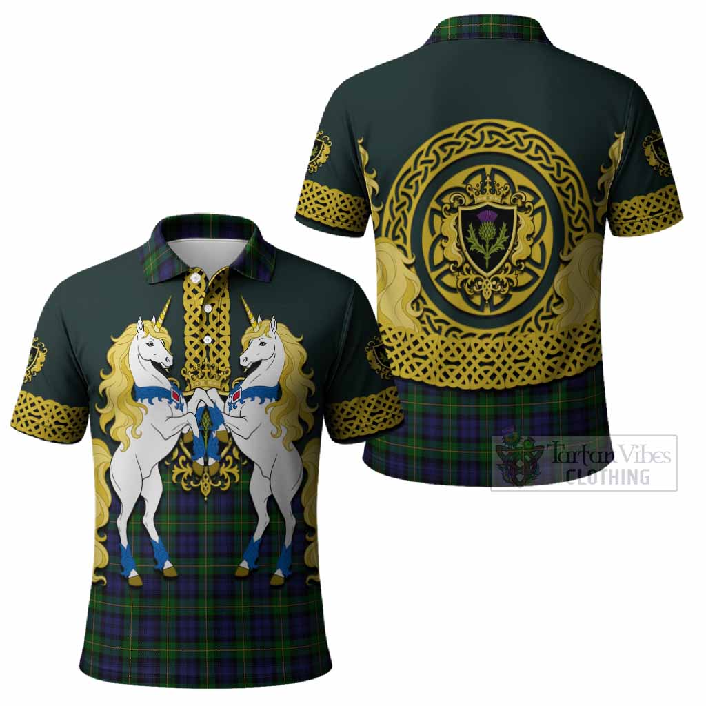 Gordon Tartan Polo Shirt Unicorn Celtic Knot And Thistle Emblem