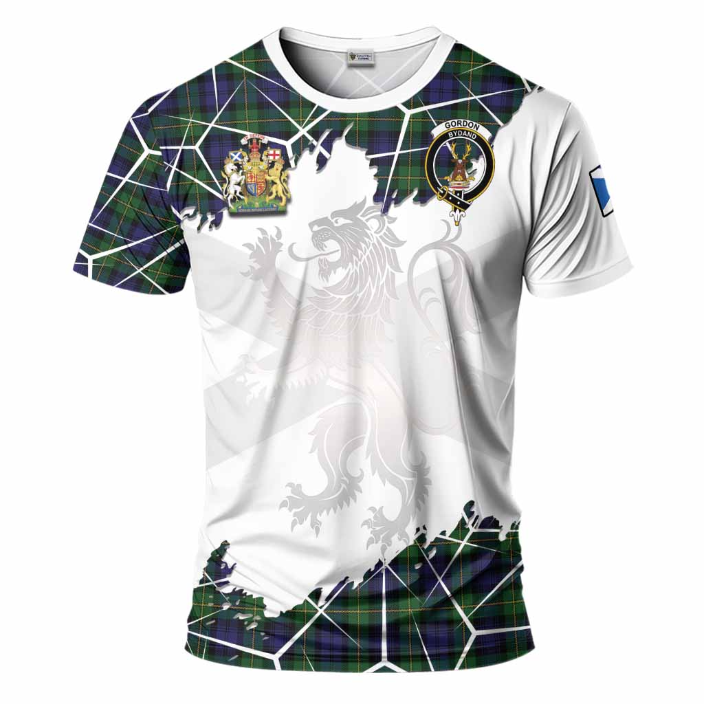 Gordon Tartan T-Shirt with Family Crest and Lion Rampant Grunge Style