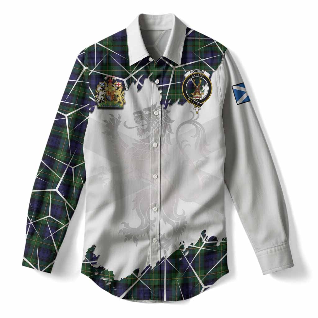 Gordon Tartan Women Casual Shirt with Family Crest and Lion Rampant Grunge Style