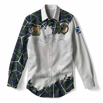 Gordon Tartan Women Casual Shirt with Family Crest and Lion Rampant Grunge Style