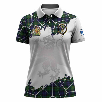 Gordon Tartan Women Polo Shirt with Family Crest and Lion Rampant Grunge Style