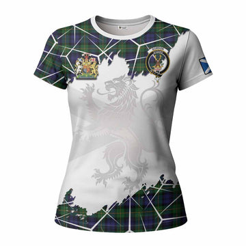 Gordon Tartan Women T shirt with Family Crest and Lion Rampant Grunge Style