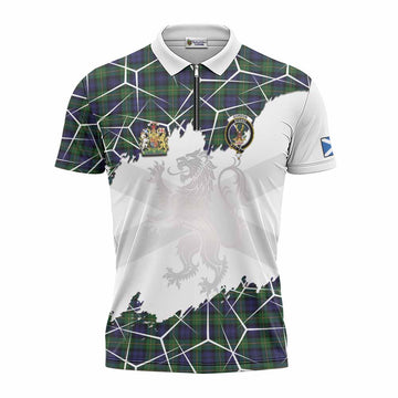 Gordon Tartan Zipper Polo Shirt with Family Crest and Lion Rampant Grunge Style