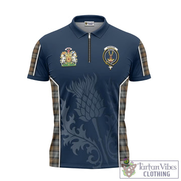 Gordon Weathered Tartan Zipper Polo Shirt with Family Crest and Scottish Thistle Vibes Sport Style