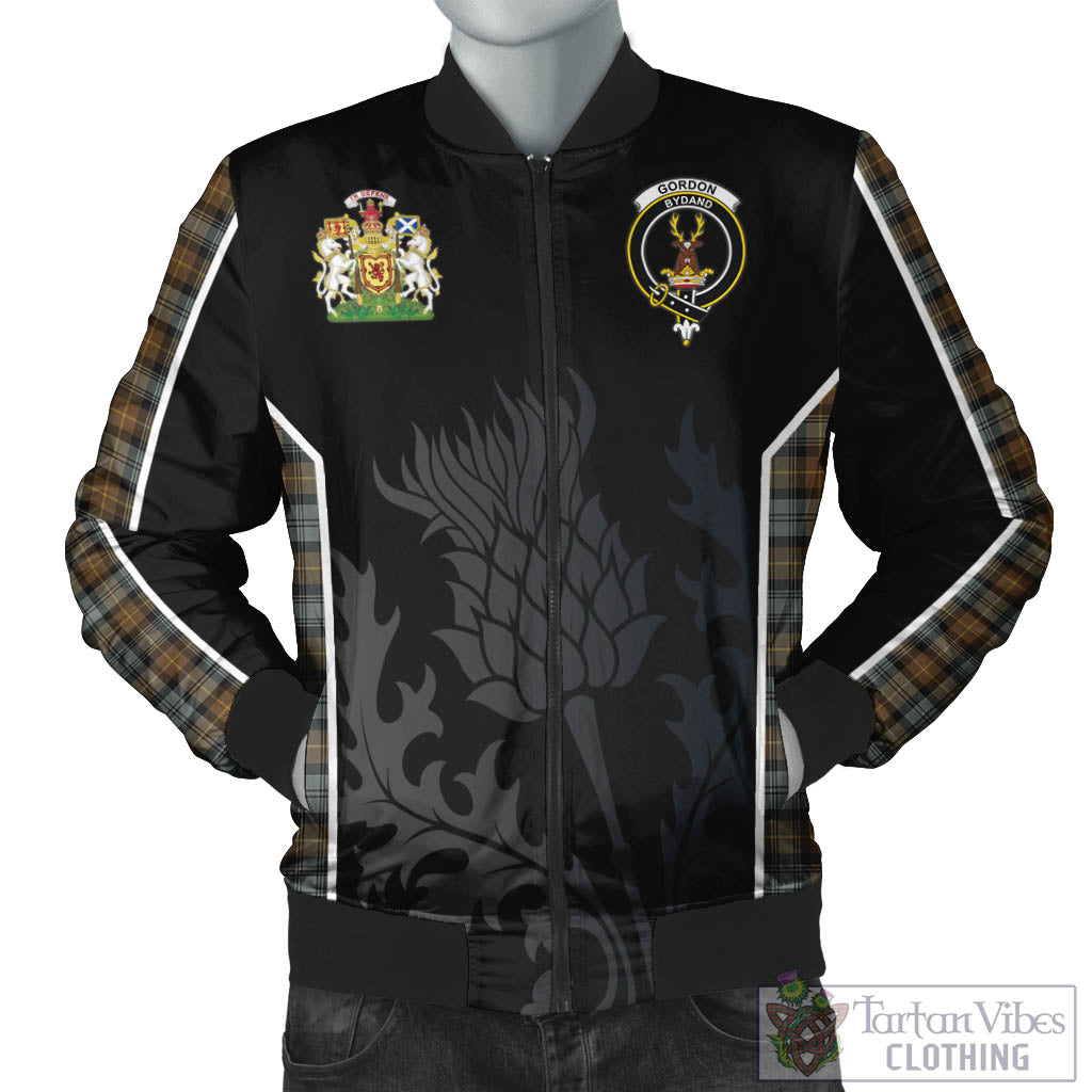 Tartan Vibes Clothing Gordon Weathered Tartan Bomber Jacket with Family Crest and Scottish Thistle Vibes Sport Style