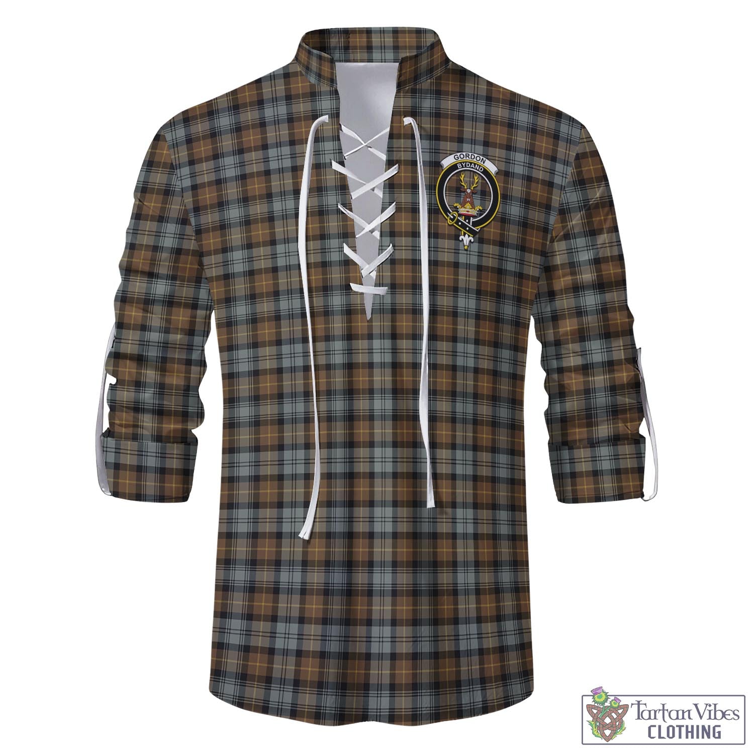 Tartan Vibes Clothing Gordon Weathered Tartan Men's Scottish Traditional Jacobite Ghillie Kilt Shirt with Family Crest