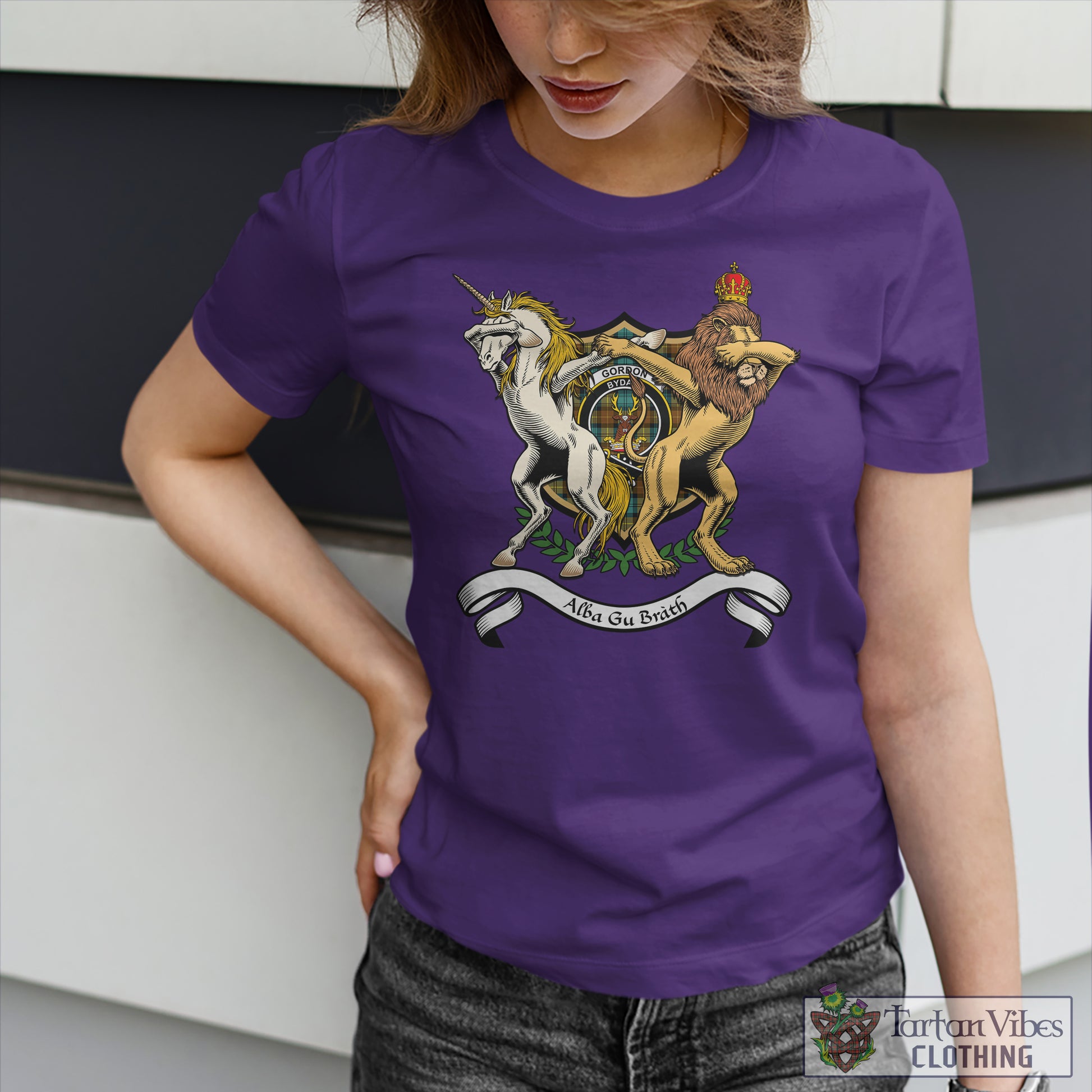 Tartan Vibes Clothing Gordon Weathered Family Crest Cotton Women's T-Shirt with Scotland Royal Coat Of Arm Funny Style