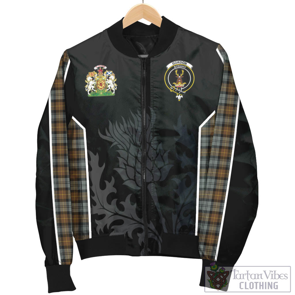 Tartan Vibes Clothing Gordon Weathered Tartan Bomber Jacket with Family Crest and Scottish Thistle Vibes Sport Style