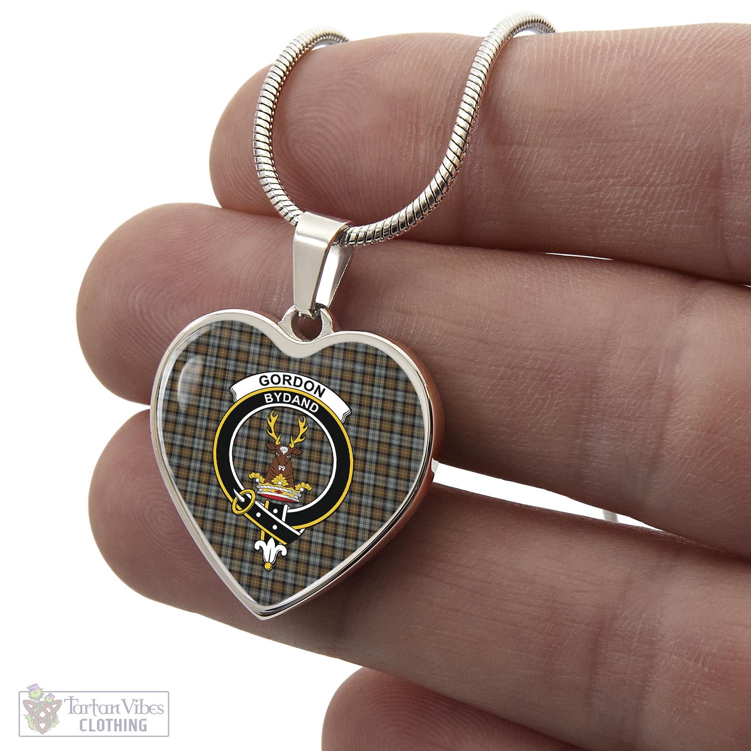 Tartan Vibes Clothing Gordon Weathered Tartan Heart Necklace with Family Crest
