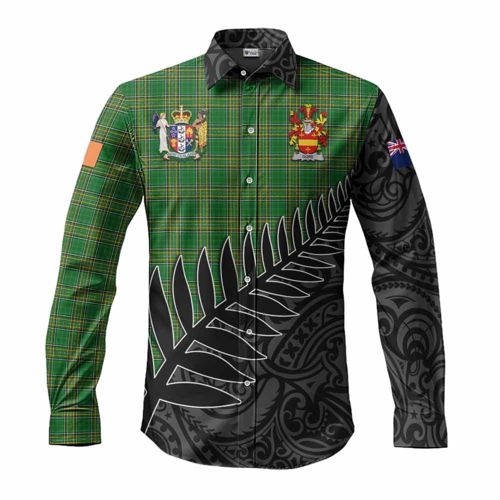 Tartan Vibes Clothing Gore Irish Clan Tartan Long Sleeve Button Shirt with Coat of Arms New Zealand Silver Fern Half Style