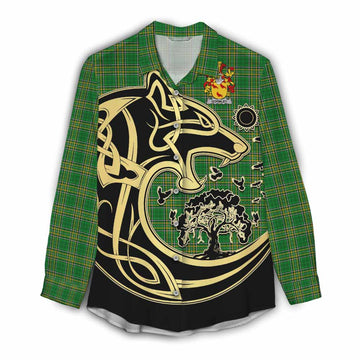Gormley Irish Tartan Women's Casual Shirt with Coat of Arms Celtic Wolf Style Female - Tartan Vibes Clothing
