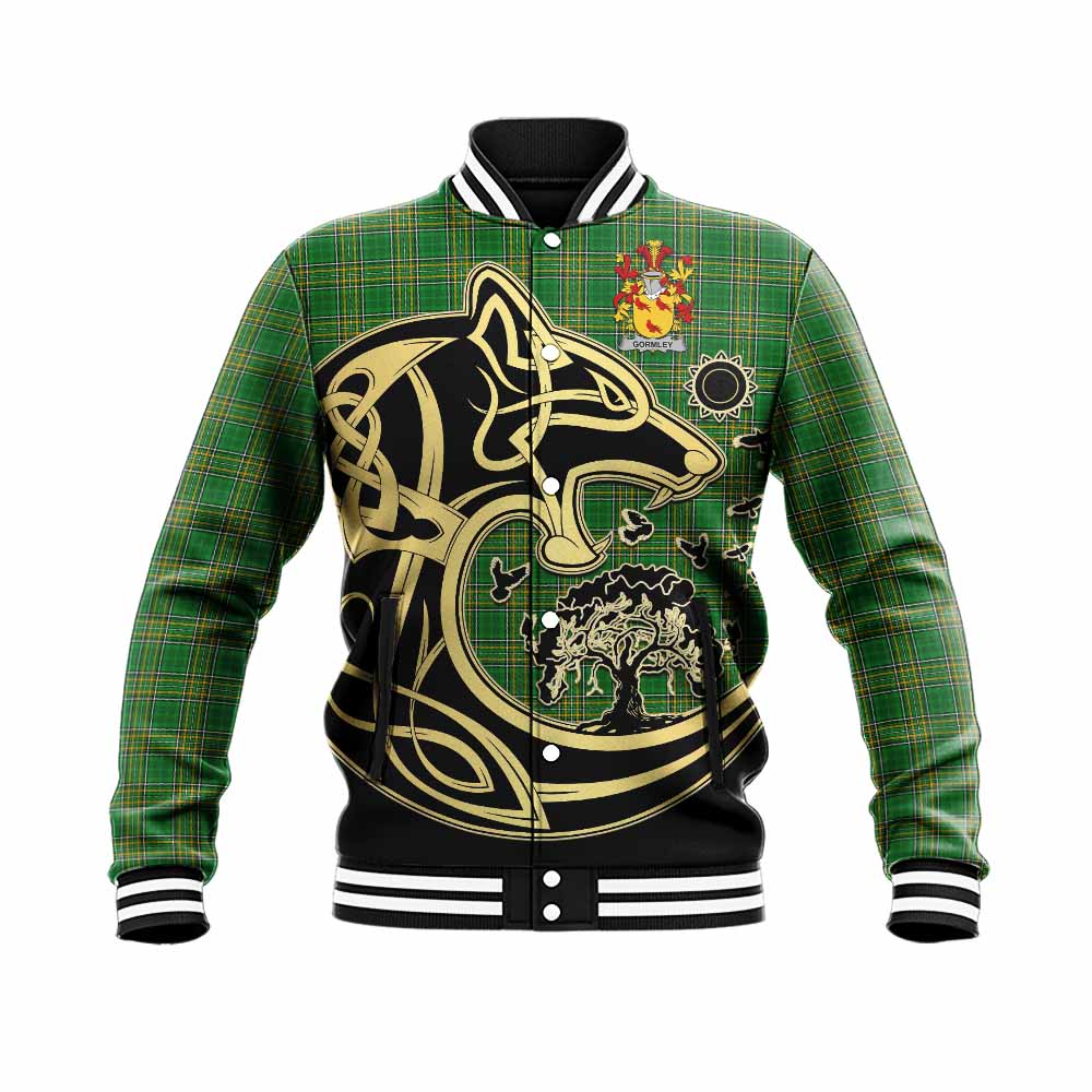 Tartan Vibes Clothing Gormley Irish Tartan Baseball Jacket with Coat of Arms Celtic Wolf Style