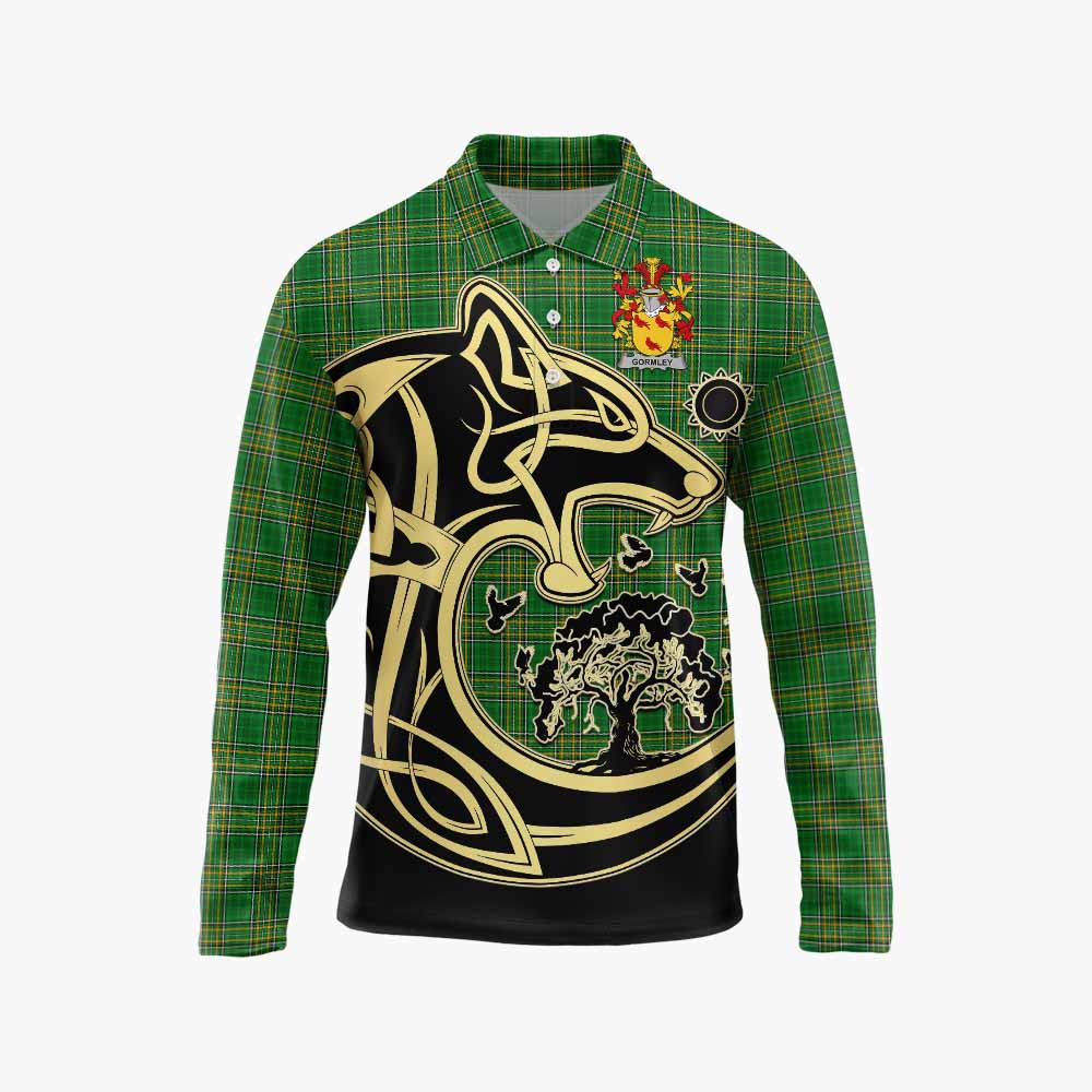 Tartan Vibes Clothing Gormley Irish Tartan Long Sleeve Polo Shirt with Coat of Arms Celtic Wolf Style