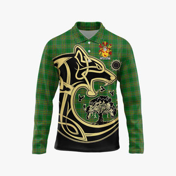 Gormley Irish Tartan Long Sleeve Polo Shirt with Coat of Arms Celtic Wolf Style
