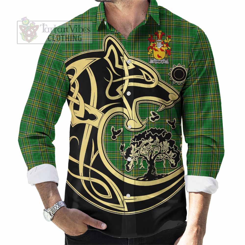 Gormley Irish Tartan Long Sleeve Button Shirt with Coat of Arms Celtic Wolf Style - Tartan Vibes Clothing