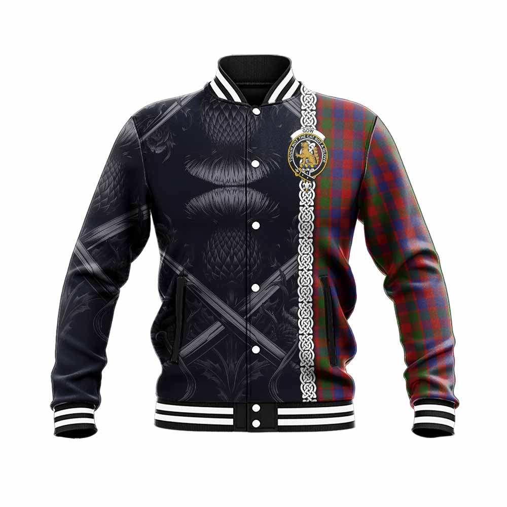 Gow Tartan Baseball Jacket with Family Crest Cross Sword Thistle Celtic Vibes Unisex - Tartan Vibes Clothing