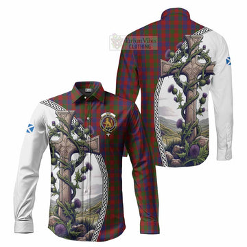 Gow Tartan Long Sleeve Button Shirt with Family Crest and St. Andrew's Cross Accented by Thistle Vines Men's Shirt S - Tartan Vibes Clothing
