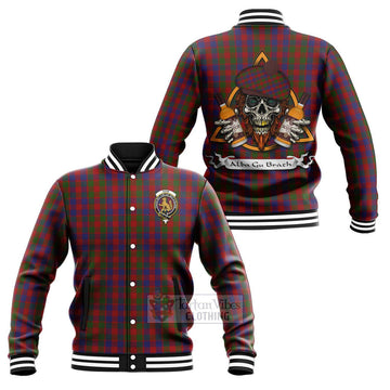 Gow Tartan Baseball Jacket with Family Crest and Bearded Skull Holding Bottles of Whiskey Unisex - Tartan Vibes Clothing