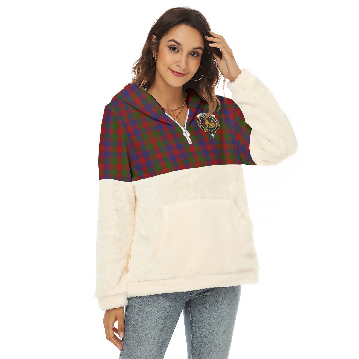 Gow Tartan Half Style Women's Borg Fleece Hoodie with Half Zip with Family Crest Female - Tartan Vibes Clothing