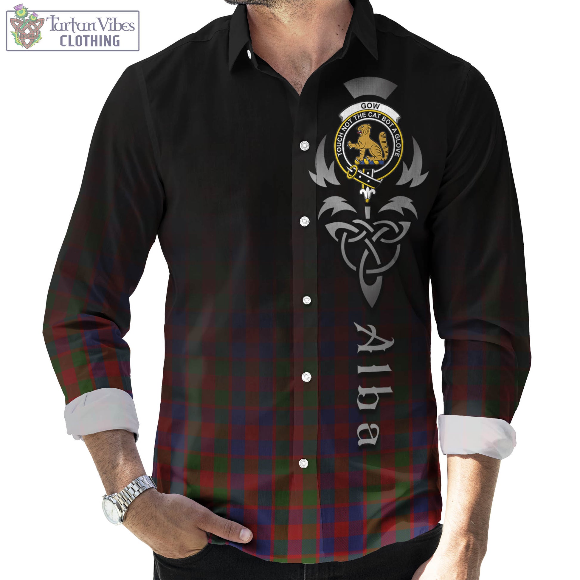 Gow Tartan Long Sleeve Button Up Featuring Alba Gu Brath Family Crest Celtic Inspired Men's Shirt - Tartan Vibes Clothing