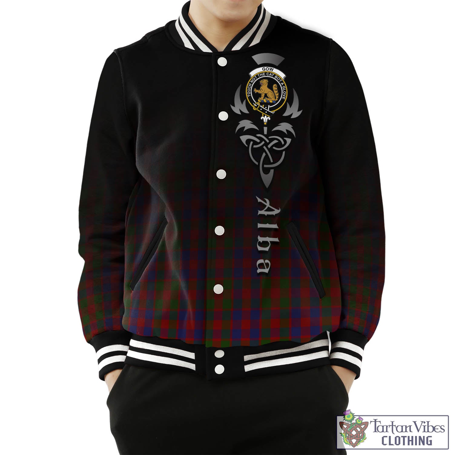 Gow Tartan Baseball Jacket Featuring Alba Gu Brath Family Crest Celtic Inspired Unisex - Tartan Vibes Clothing