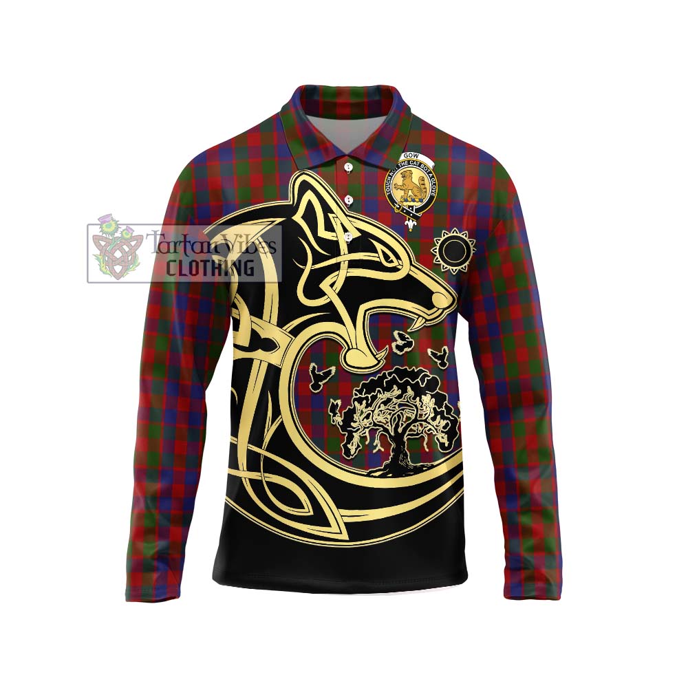 Gow Tartan Long Sleeve Polo Shirt with Family Crest Celtic Wolf Style Unisex - Tartan Vibes Clothing
