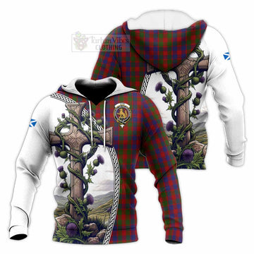 Gow Tartan Knitted Hoodie with Family Crest and St. Andrew's Cross Accented by Thistle Vines Unisex Knitted Pullover Hoodie - Tartan Vibes Clothing