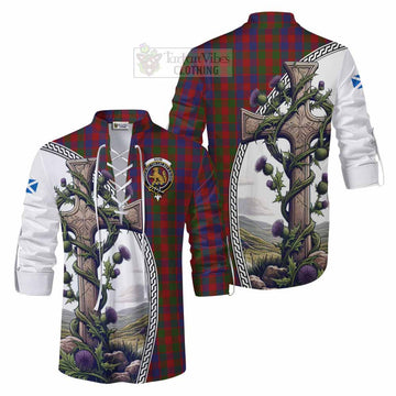 Gow Tartan Ghillie Kilt Shirt with Family Crest and St. Andrew's Cross Accented by Thistle Vines Men - Tartan Vibes Clothing